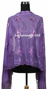 Elegant Handmade Lace FLORAL Scarf Shawl Wrap w Sequin & Crochet Fringe Purple 2 - Picture 1 of 6
