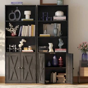 Industrial 5-Shelf Bookcase W/ Doors - 11.8" Depth Floor Standing Storage - Picture 1 of 11