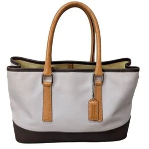 Coach Hampton A10-7771 Cream Brown Leather Shoulder Tote Bag Canvas Two Tone - Picture 1 of 12