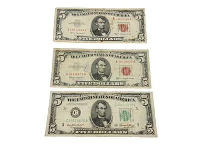 Lot of 3, $5 US Five Dollar Bills, Series 1963 & 1950A, Green & Red Seal 0719418 - Image 1 of 4