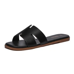 Black Flat Sandals for Women Dressy Summer Slip On Peep Toe Slide Black Sanda... - Picture 1 of 6