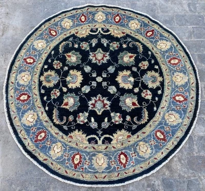 5x5 Navy Blue Hand Knotted Ziegler Round Rug Afghan Floral Traditional Wool Rug - Image 1 of 4