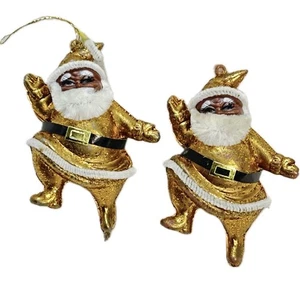 Menge 2 Vintage Afroamerikanisch Gold Weihnachtsmann Ornamente Schwarz Gürtel Borte - Bild 1 von 10