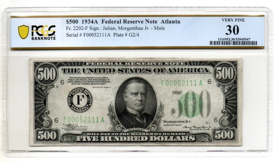 Fr. 2202-F (FA Block) 1934A Atlanta Federal Reserve Note PCGS VF 30 - Image 1 of 2