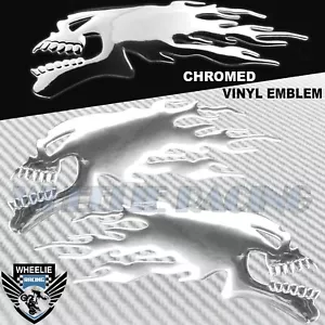 PAIR 6"X 2.25" 3D FIRE/FLAME SKULL SKELETON REAPER EMBLEM DECAL STICKER CHROME - Picture 1 of 3