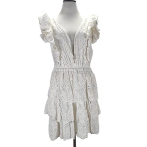 Love the Label Ecru Mini Dress Size M Tiered Cotton Eyelet Layered Prairie - Picture 1 of 11