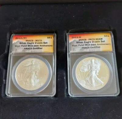 2013-W 25th Anniversary American Silver Eagle Set- ANACS MS70 & PR70 DCAM In Box - Image 1 of 4