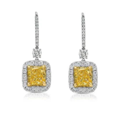 1ct Yellow Cushion & White Round Lab Grown Diamond 14k White Gold Drop Earrings - Image 1 of 4