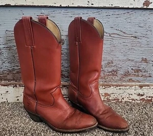 FRYE Boots Reddish Leather Cowboy Western Mens 9 D VTG 15" Tall Wedge Heel USA - Picture 1 of 11