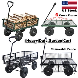 Garden Cart Dump Yard Wagon Cart Lawn Tractor Trailer Outdoor Steel Heavy Duty - Picture 1 of 42