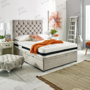 Modern Velvet Ottoman Storage Divan Bed Base Frame with Chesterfield Headboard - Picture 1 of 7