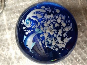 Blue Art Glass Round Paperweight with Dolphin in Waves Beach Ocean 3.5 Inches - Picture 1 of 6