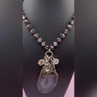 "Collar colgante rebanada de ágata cuentas de cristal estrás corona llave dijes boho 30""" Foto 1 de 2
