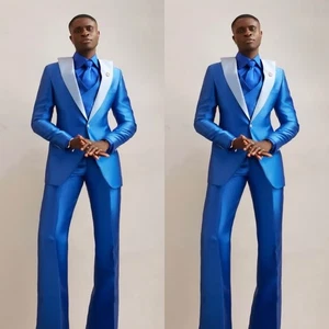 Blue Silk Satin Men Suits Peak Lapel Formal Evening Party Wedding Men Tuxedos - Picture 1 of 13