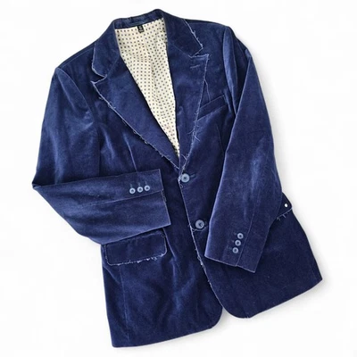 Black Rivet Blue Velvet Blazer Raw Edge Two Button Sport Coat Jacket Mens Med - Image 1 of 4