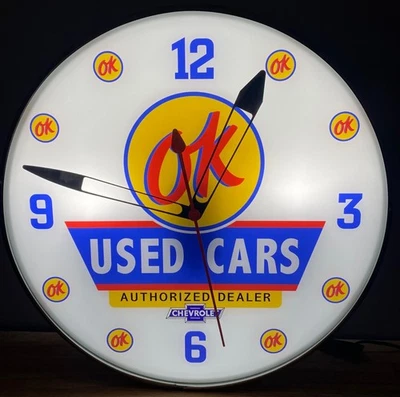 Chevrolet OK Used Cars Lighted Automobile Advertising Wall Clock Free Shipping - Image 1 of 3