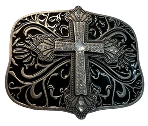 Christian Western Kreuz Gürtelschnalle Rechteck schwarz & silberfarben 4"x 3" Goth - Bild 1 von 2