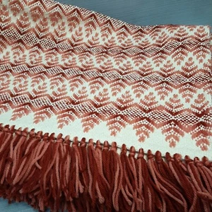 Handmade Knit Cream & Coral Ombre Textured Pattern Fringe Blanket Throw 72"×55" - Picture 1 of 6