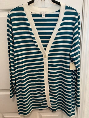 COLDWATER CREEK Cardigan Prima Knit Striped Teal White Lightweight Sweater L NWT - Imagem 1 de 4
