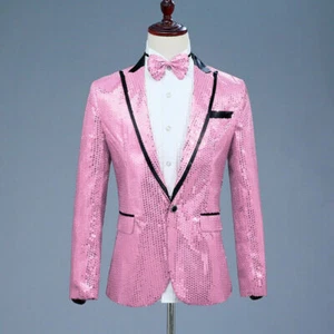 Men Shiny Sequin Jacket Showman Suit Blazer Fancy Dress Carnival Stage Coat Chic - Picture 1 of 31