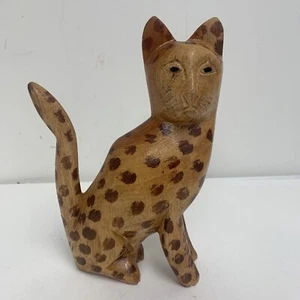 Vintage Primitive, Folk Art  Hand Carved Wooden Painted Spotted Cat  Leopard 8” - Picture 1 of 8