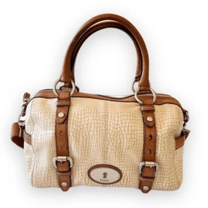 Fossil Maddox Long Live Vintage Tan Beige Brown Leather Reptile Embossed Satchel - Picture 1 of 14