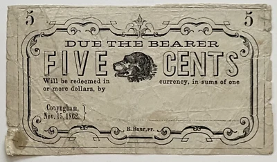 Unidentified Issuer, Conyngham PA 5c Scrip , Unlisted in Hoober - Image 1 of 2