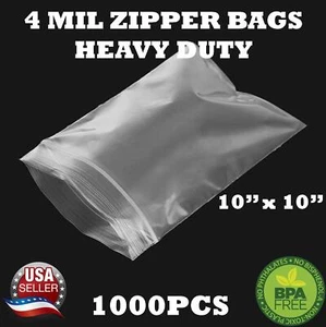 1000 - 10" x 10" ZIP SEAL TOP LOCK BAGS CLEAR 4 MIL PLASTIC RECLOSABLE BAGGIES - Picture 1 of 6