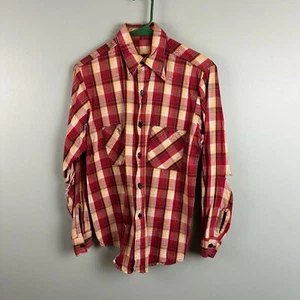 Vintage 6 Button Cotton Shirt Plaid Flannel Pointy Collar Red Holes 60s? Medium - Picture 1 of 10