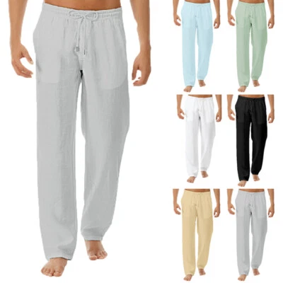 Summer Men's Casual Cotton Linen Loose Trousers Long Baggy Beach Yoga Pants UK - Image 1 of 4