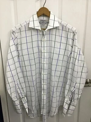 Camisa de Vestir TM LEWIN Blanca con Azul y Verde 2 Pliegues Algodón Puño Francés 16/33 Usada en Excelente Condición Foto 1 de 4