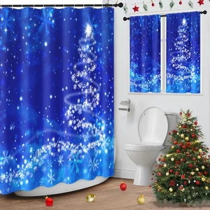 Blue Starlight Christams Tree Shower Curtain with Matching Window Curtains Se... - Picture 1 of 7