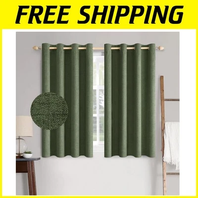 Luxurious 100% Blackout Olive Green Faux Linen Curtains - 2 Panels 52"x45" - Image 1 of 4