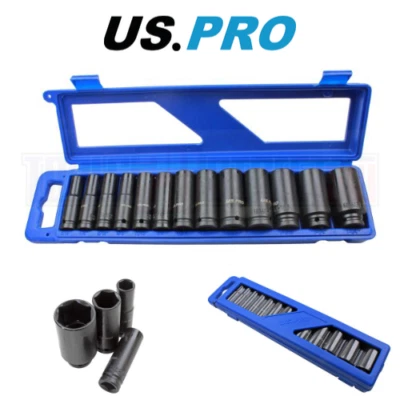 US PRO Tools 13pc 1/2 dr Deep Impact Sockets SAE AF Imperial 6 point Hex 3424 - Image 1 of 4