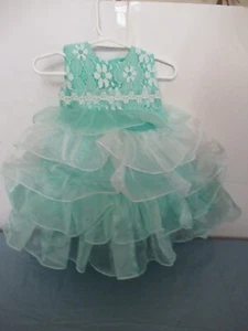 P33 Girls size 12 Months 4 Ruffled Skirt Fully Lined Teal Dress White Trim - Picture 1 of 10