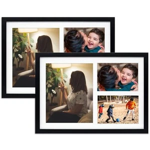 12x17 Black Wood Picture Frame White Mat for 8x10 5x7 Photos Tempered Glass 2 Pa - Picture 1 of 7