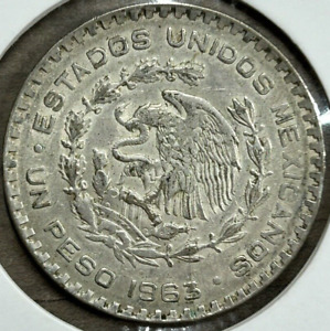 1963 One Peso Mexican Silver Coin 10% Silver 1.60 Grams AWS