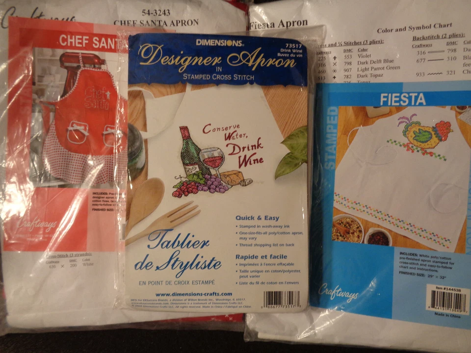 LOT 3 Apron Craft KITS   Hen Chef Santa Wine Cross Stitch Craftways Dimension - Image 1 of 4