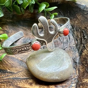 925 Sterling Silver Cactus Cuff Bracelet Red Coral Southwest Jewelry - Picture 1 of 9