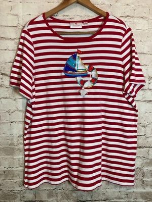 Top Quacker Factory para mujer XL rojo náutico a rayas velero lentejuelas playero Foto 1 de 4