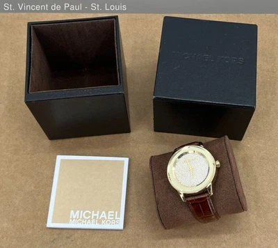 Michael Kors Oro Cristal Patrón Moderno Acero Inoxidable Cuero Marrón Reloj Caja Foto 1 de 4