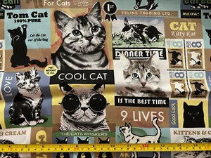 Brand New 1m x 112cm Drill Novelty Fabric Cool Cats Vintage Funny Comic Cartoons - Picture 1 of 1