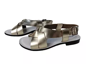 WOMENS STUDIO POLLINI UK 6 EU 39 GOLD LEATHER SLINGBACK FLAT SUMMER SANDAL SHOES - Picture 1 of 6