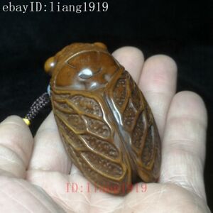 L 3 inch Japanese boxwood hand carved cicada Figure statue netsuke collection