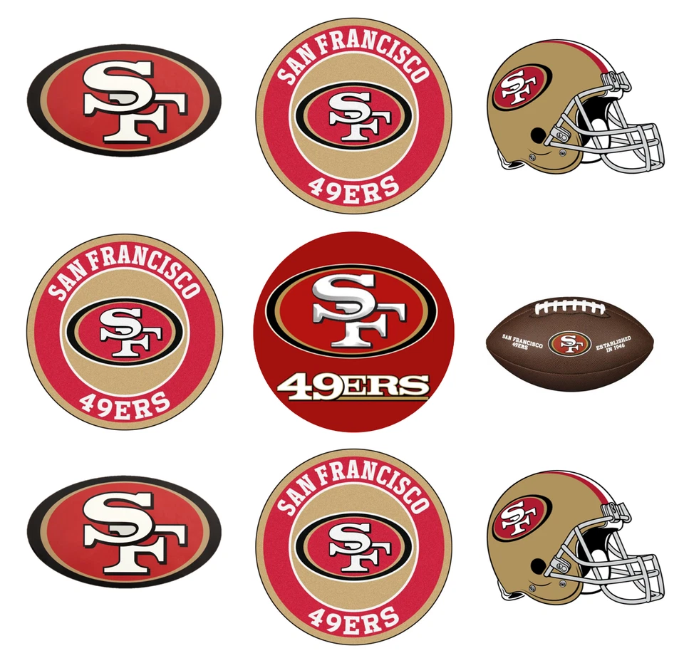Toppers de imágenes comestibles de los 49'ers de San Francisco. Pegatinas precortadas redondas comestibles. Foto 1 de 1