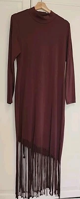 Vestido H&M Maxi Cuello Tortuga Mujer Grande Manga Larga Flecos Dobladillo Borgoña Country  Foto 1 de 4