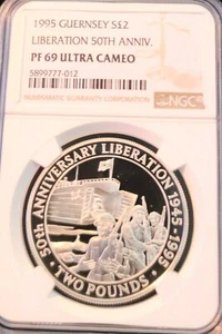 1995 GUERNSEY SILVER 2 POUNDS WWII LIBERATION NGC PF 69 ULTRA CAMEO BEAUTIFUL - Picture 1 of 4