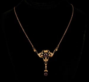 COLLAR LAVALIER ART NOUVEAU VINTAGE GENUINO AMATISTA DE PERLAS ORO 14K - Imagen 1 de 12
