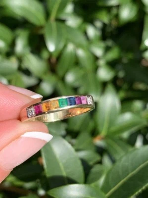 14K  14ct Gold Ring Multi-Gemstone Rainbow, Diamond, Sapphire, Emerald, Ruby… - Image 1 of 4