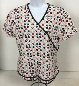 Cherokee Womens Scrub Top Size L White w Red Black Beige Flowers Pockets V neck - Picture 1 of 14